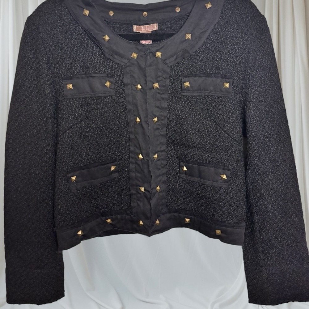 Women’s Chic Cropped Black Tweed Blazer with Stud Details NEW WITH TAGS